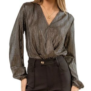 Dress‎ Forum Metallic Striped Faux Wrap Long Sleeve Bodysuit Top M